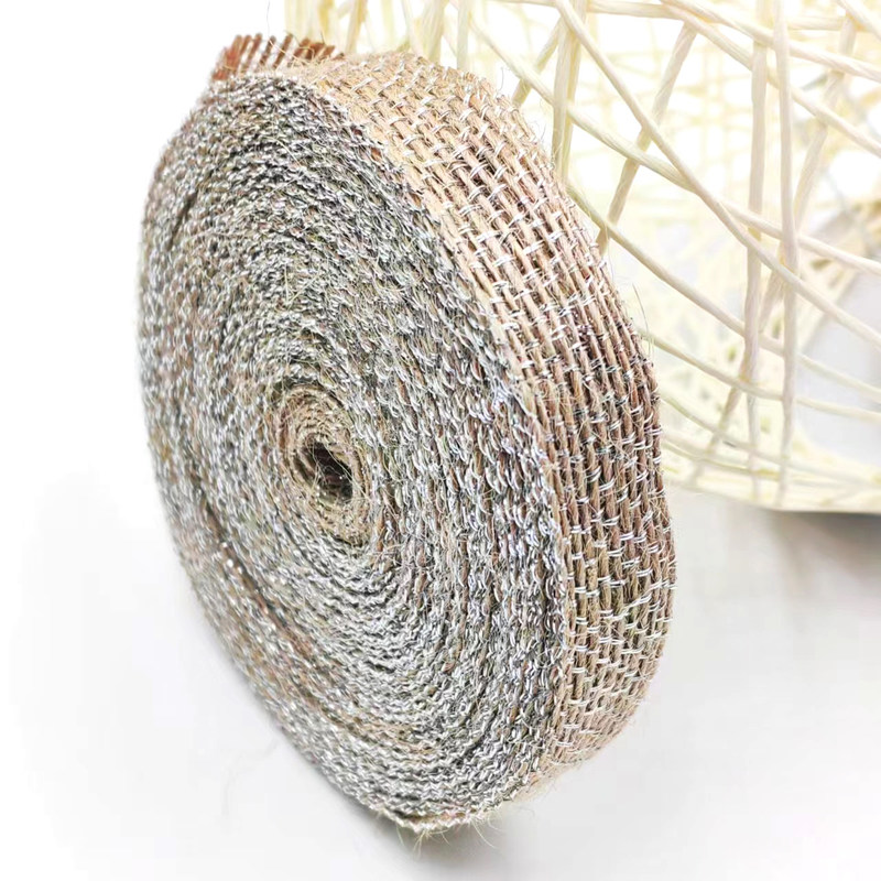 DIY Dekoration Jute Stoff Band mit Silber Fischerleine 85% Jute 15% Polyester