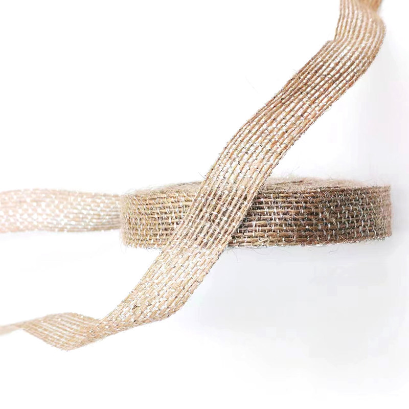 DIY Dekoration Jute Stoff Band mit Silber Fischerleine 85% Jute 15% Polyester